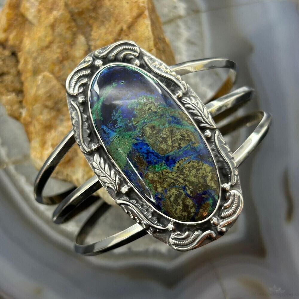 Sterling Southwestern Style Large Oval Azurite Malachite Bracelet For Women